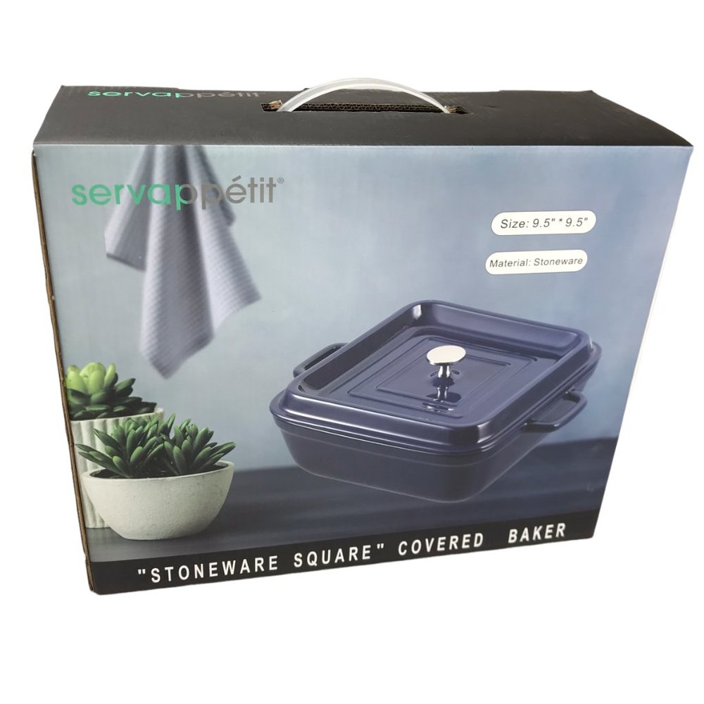 Servappetit Stoneware Covered Baking Casserole Dish Blue 9.5" Sq New, w/ Lid